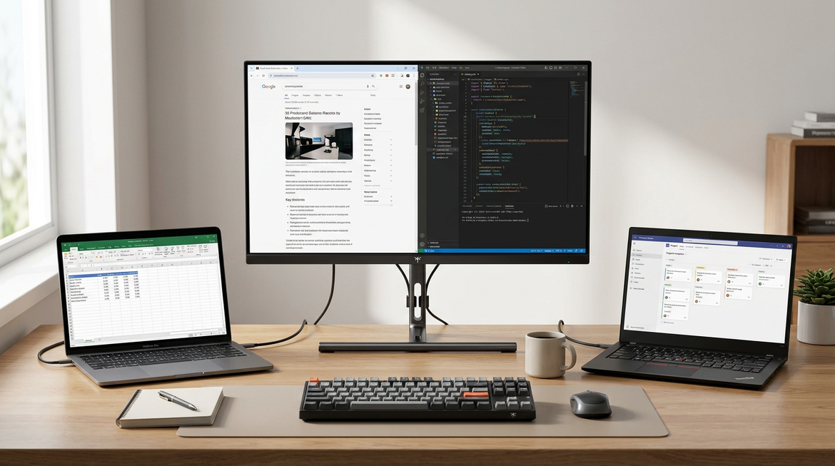 KTC monitor setup on a hybrid desk with a MacBook and Windows laptop