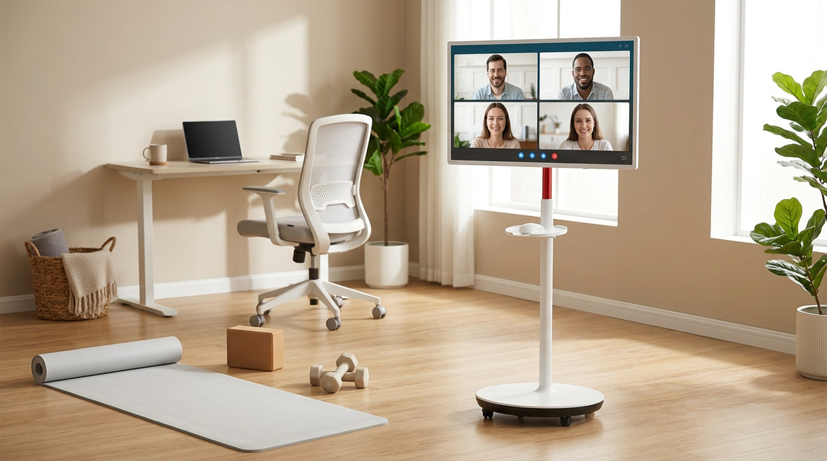 Rolling smart display in a home room set up for workouts and video calls