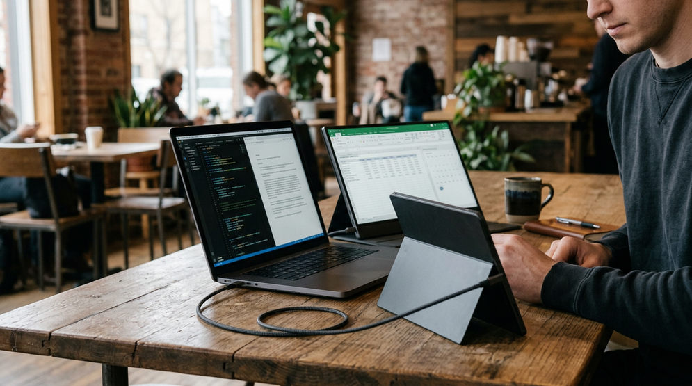 Laptop connected to a portable monitor on a travel table