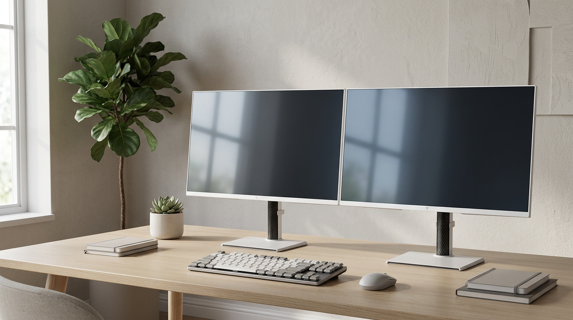 A modern desk setup with two monitors side by side in a neutral home office comparison scene.