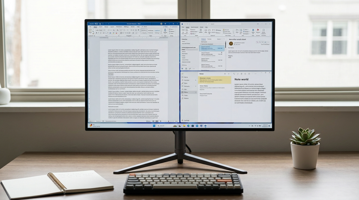 Un escritorio de oficina limpio con un monitor OLED mostrando documentos de texto y una configuración de trabajo diaria sobria.