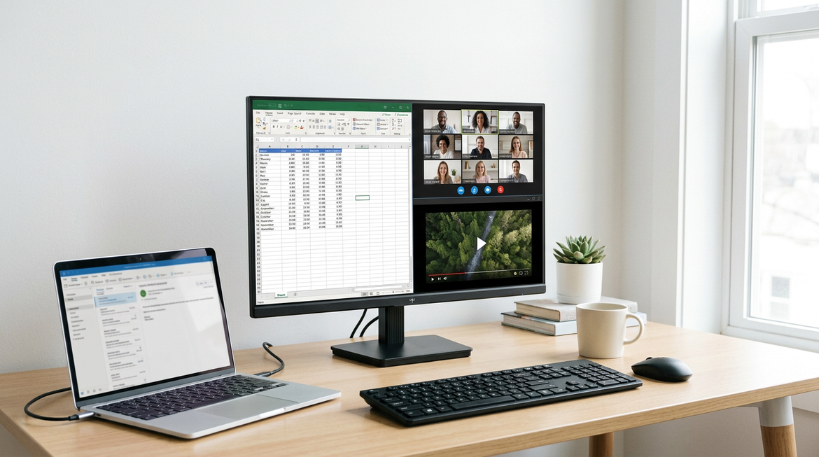 A mixed-use monitor on a home office desk with a laptop, keyboard, spreadsheet window, and streaming app open