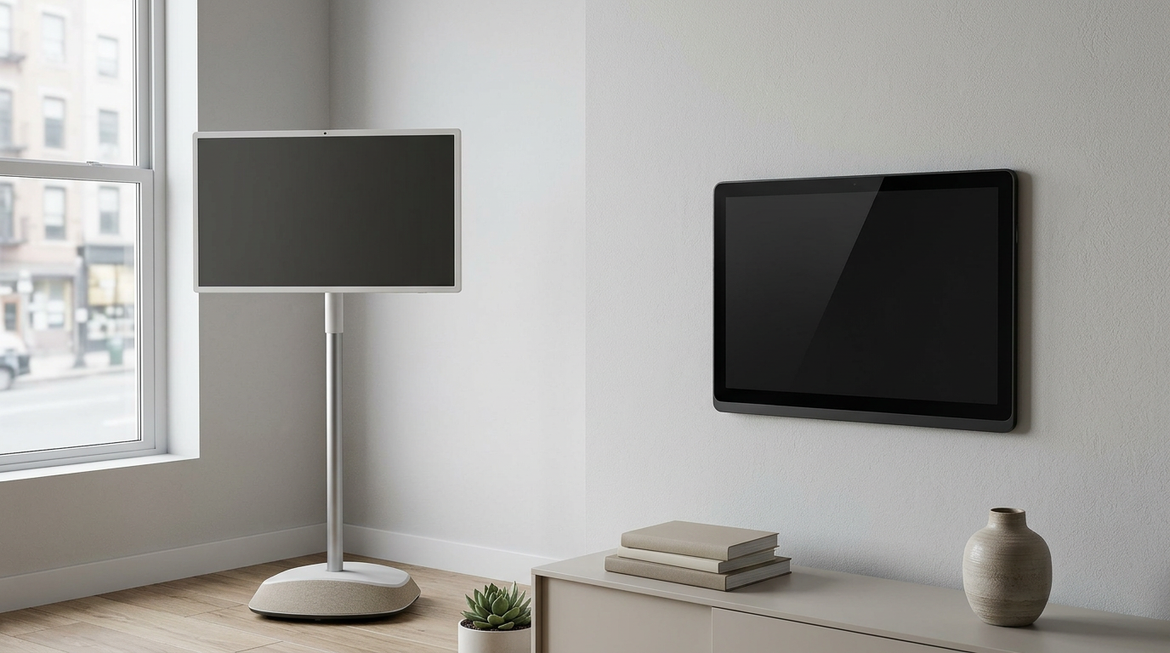 Mobile display and wall-mounted tablet in a compact apartment setting