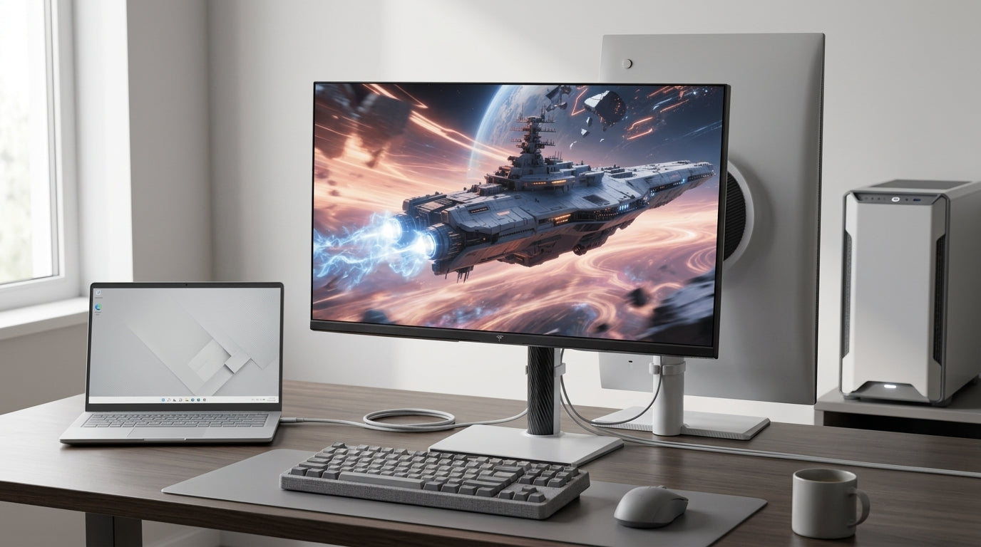 USB-C KVM monitor on a hybrid desk with a laptop, desktop PC, keyboard, and mouse