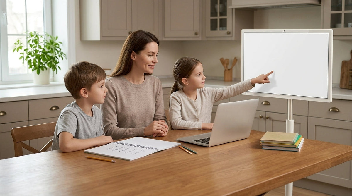 Family comparing a large touch display and a laptop for homeschooling