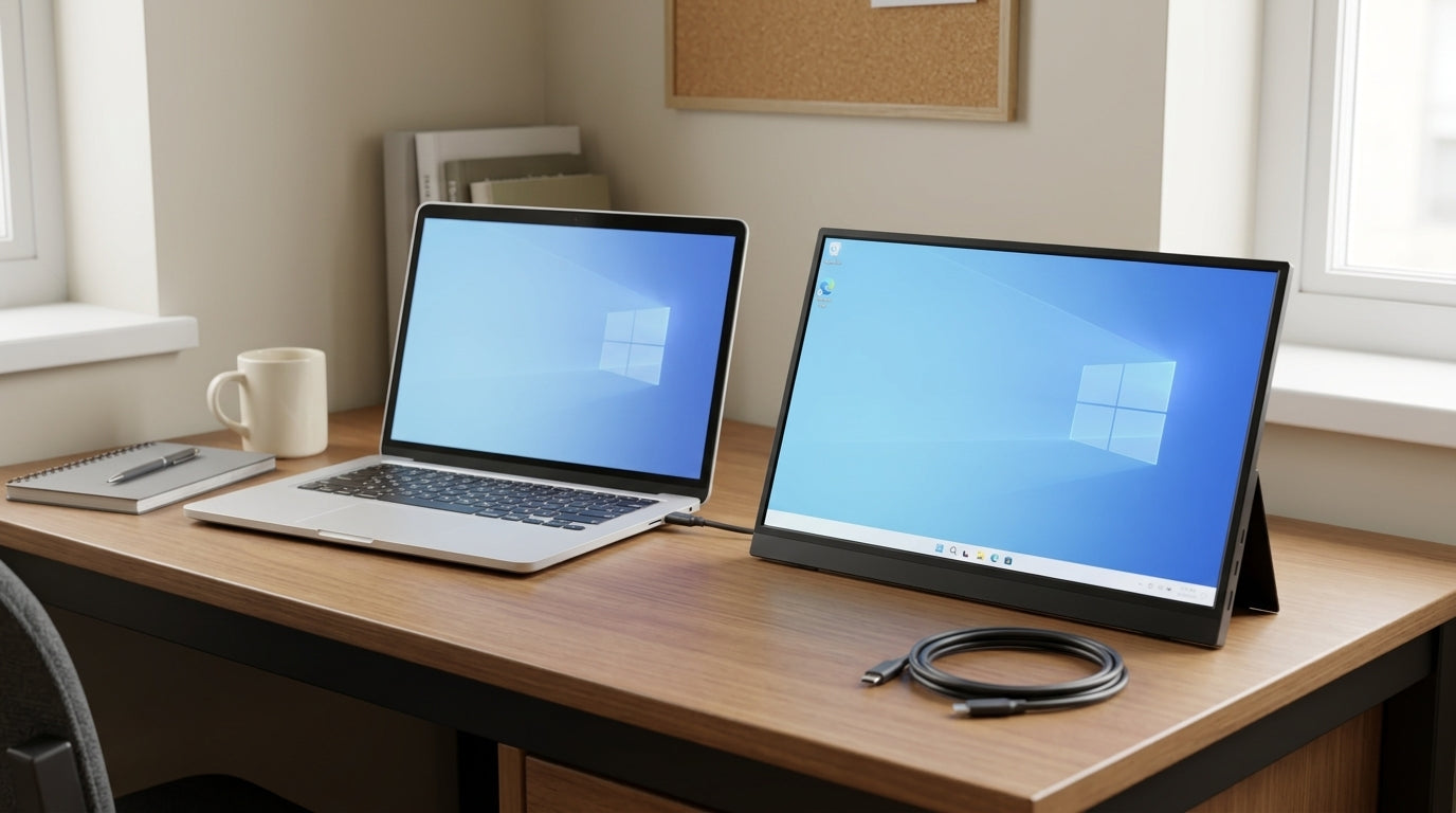 A student desk with a compact portable monitor, a laptop, and a simple USB-C setup