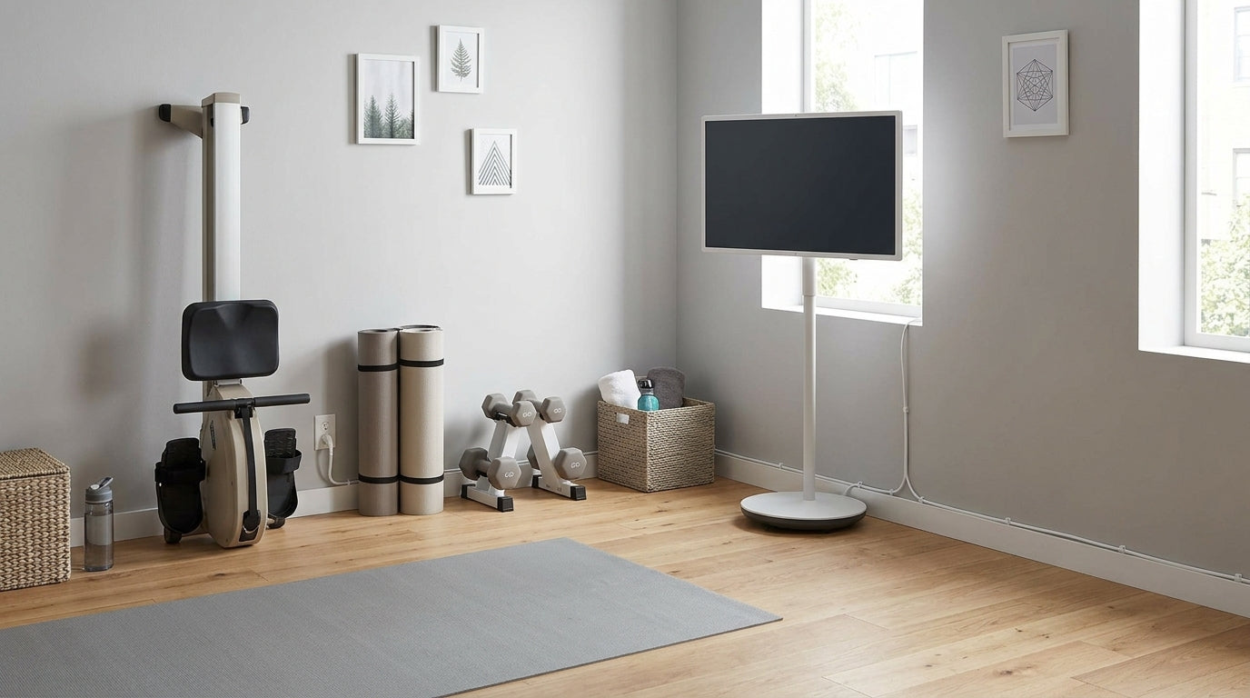 A home gym corner with a rolling smart display beside a clear workout area and neatly routed cords.