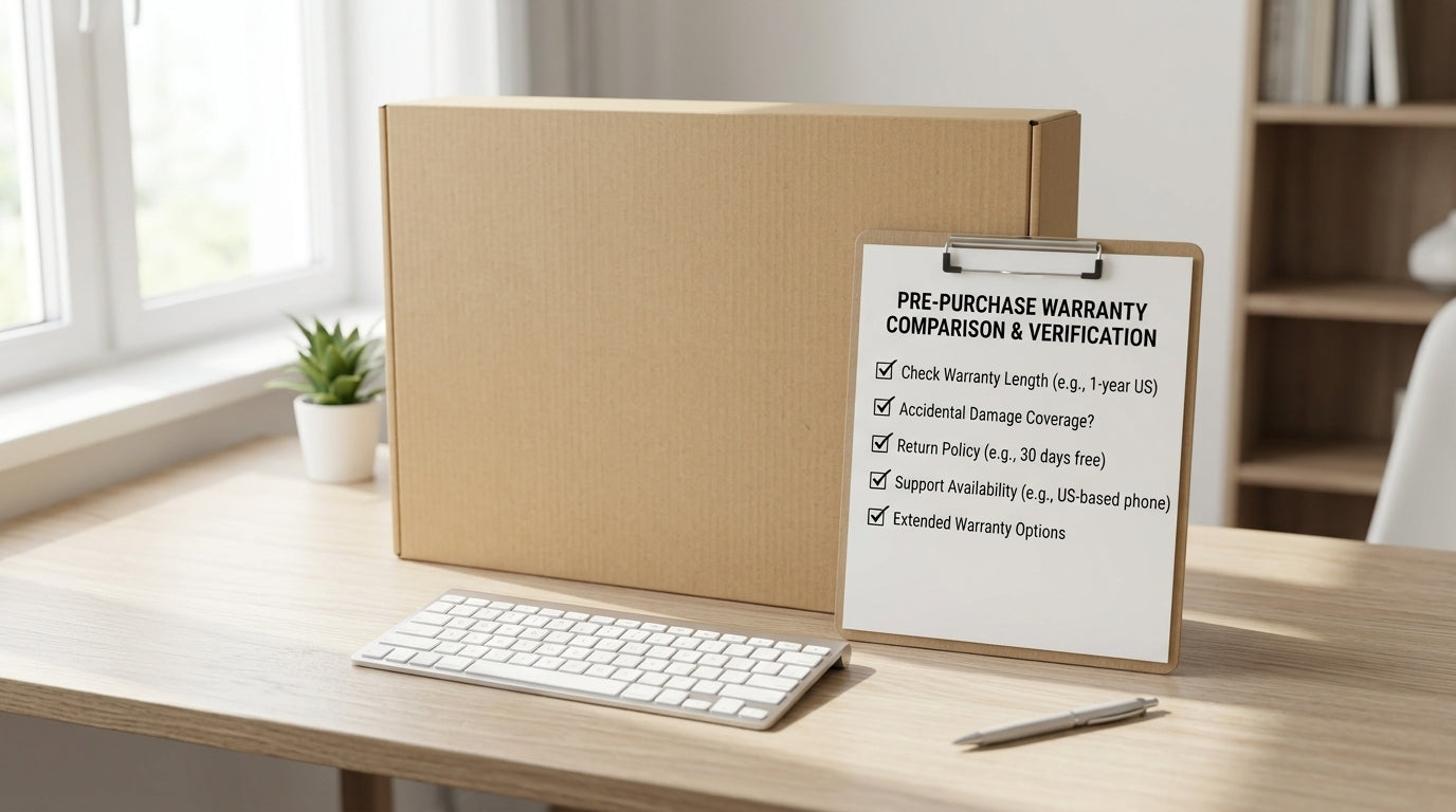 Monitor warranty checklist beside a monitor box and desk setup