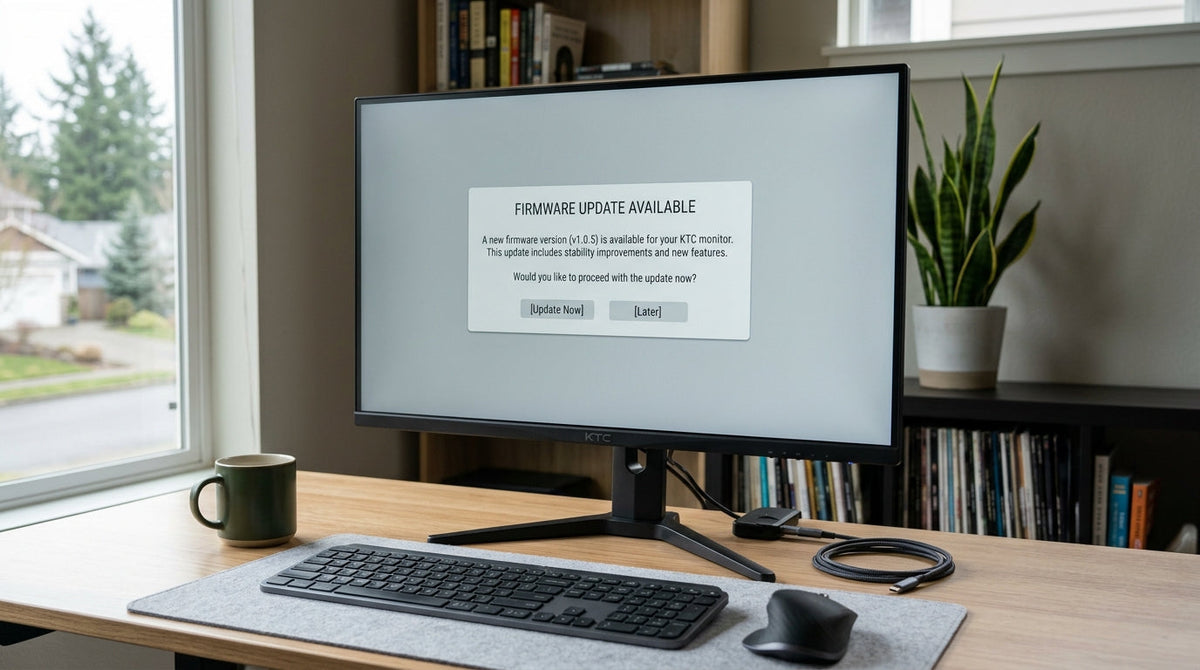 A KTC gaming monitor on a desk with a firmware update prompt on screen