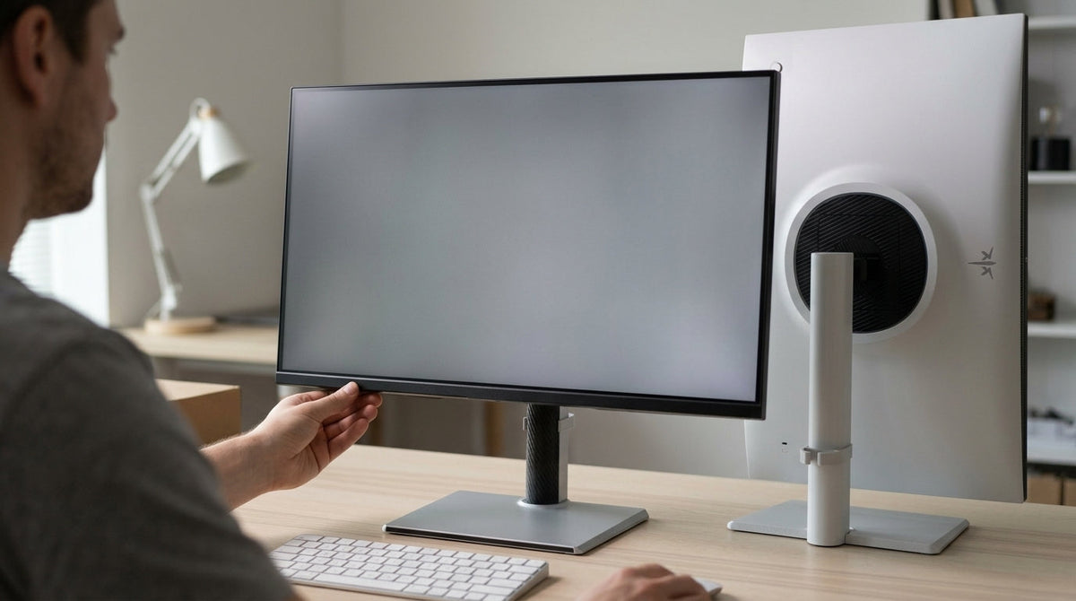A gaming monitor on a desk showing a panel uniformity test image