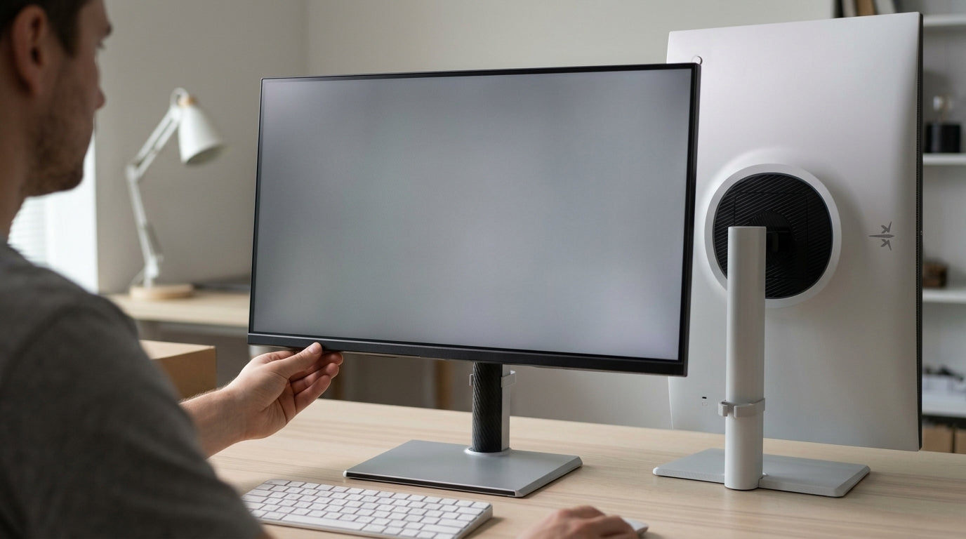 A gaming monitor on a desk showing a panel uniformity test image