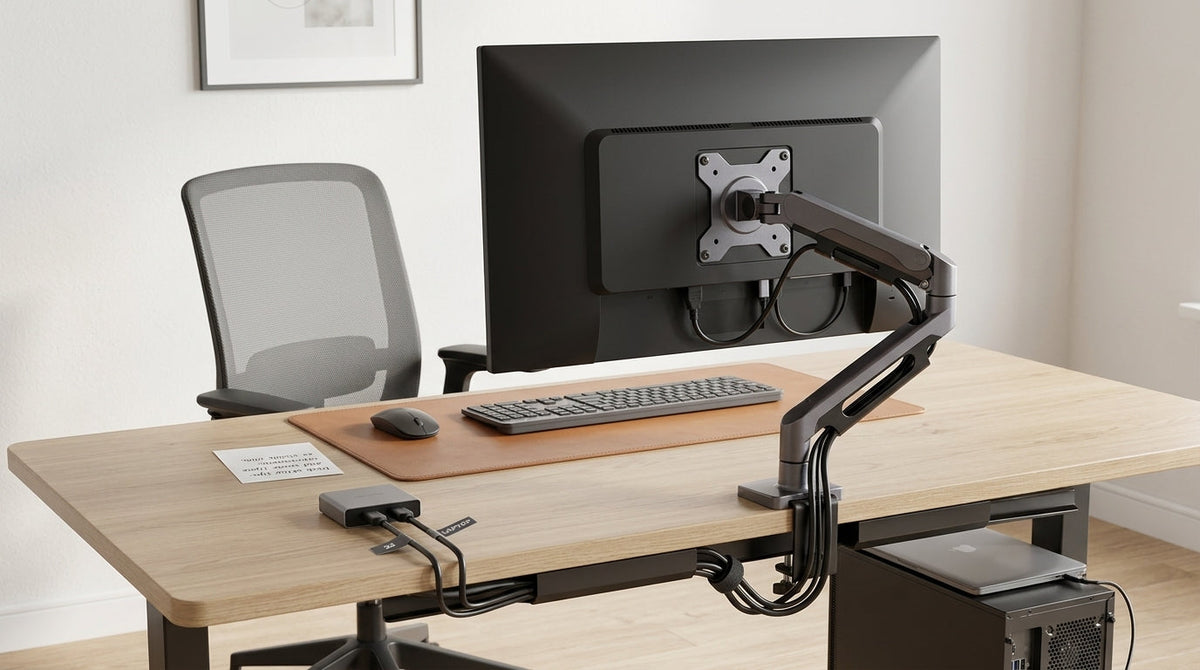 A KVM monitor mounted on an adjustable arm with neatly routed cables