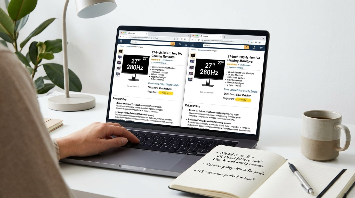 A shopper comparing monitor listings and return policy details on a laptop and desk setup