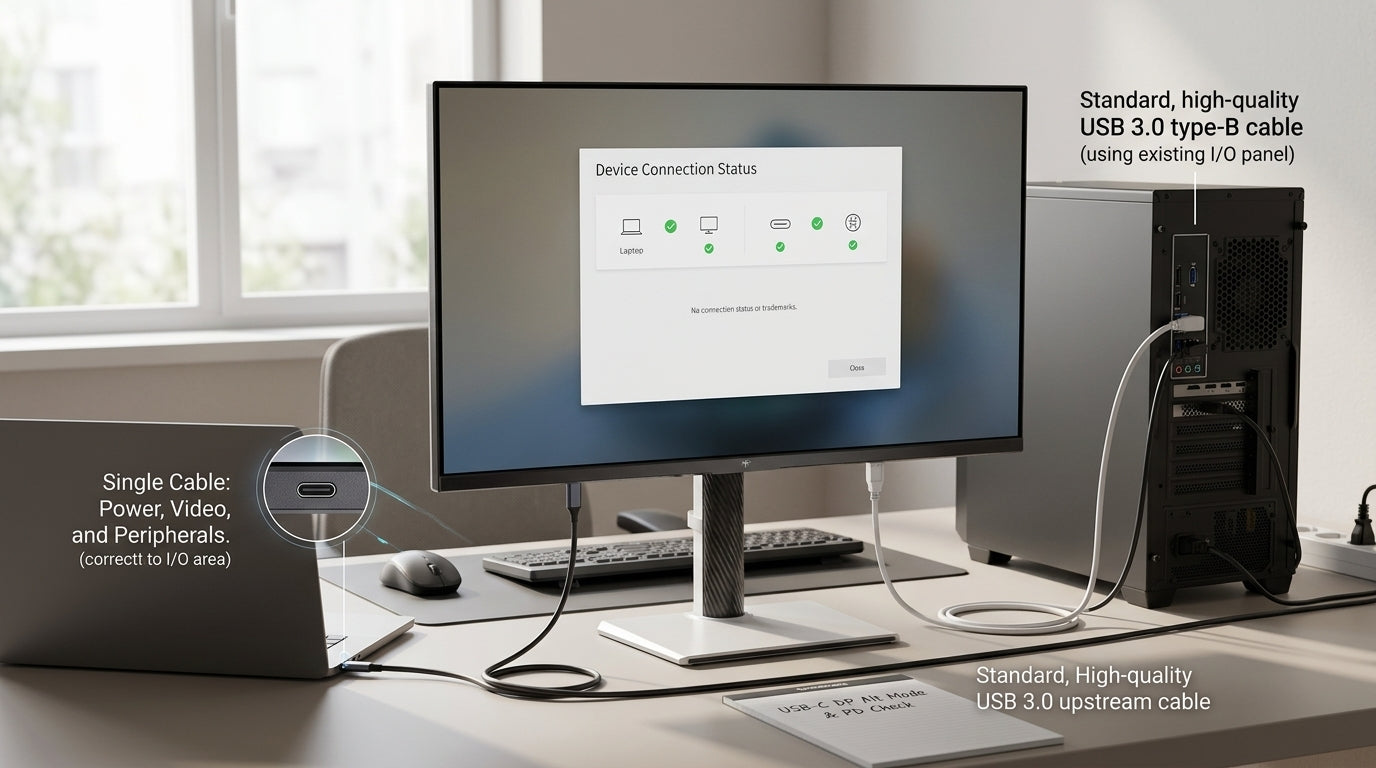 USB-C KVM monitor on a shared laptop desk