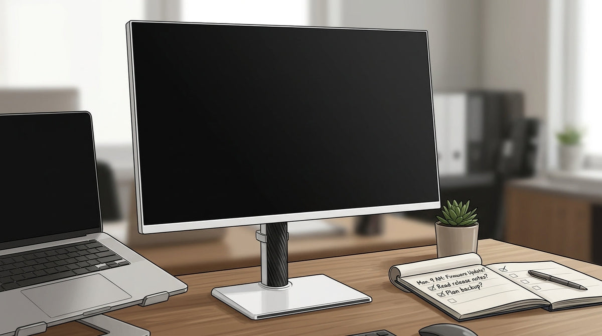 Desk with a monitor, laptop, and checklist for deciding whether to update firmware now or wait.