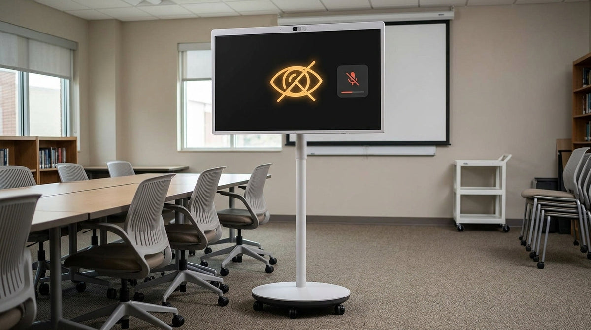 Rolling smart display in a shared classroom with privacy controls visible on screen