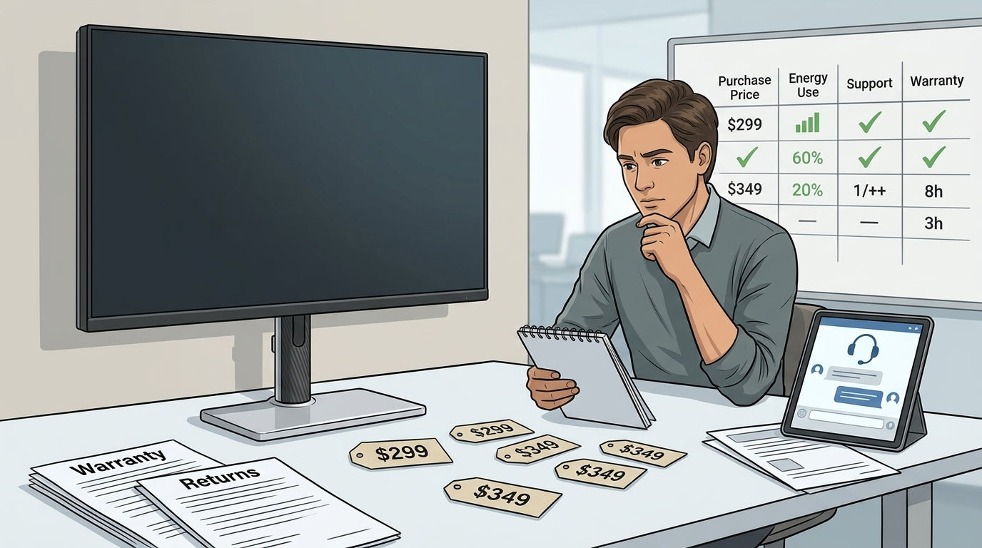 KTC monitor ownership cost comparison on a desk with pricing, returns, and support cues.