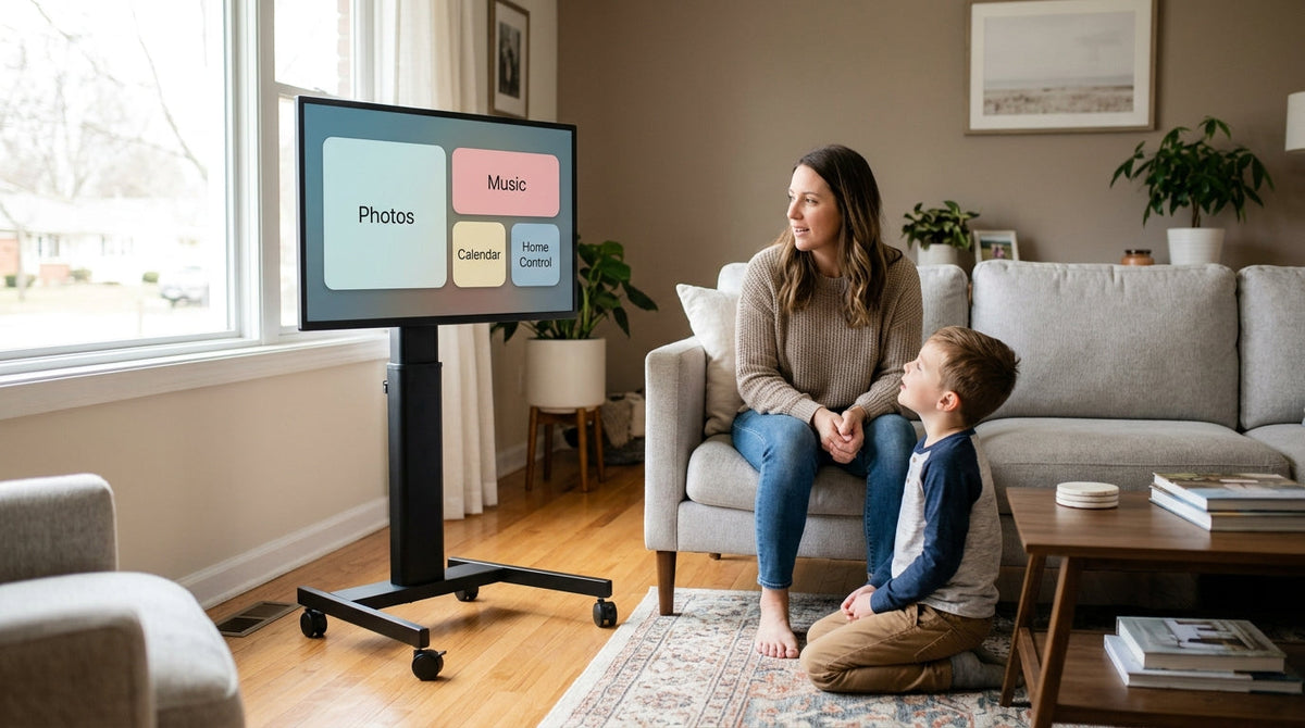 Family using a rolling smart display in a shared living room