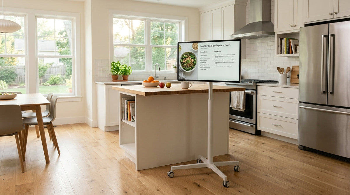 A rolling MegPad smart display in a bright home setting with a kitchen and living space in the background