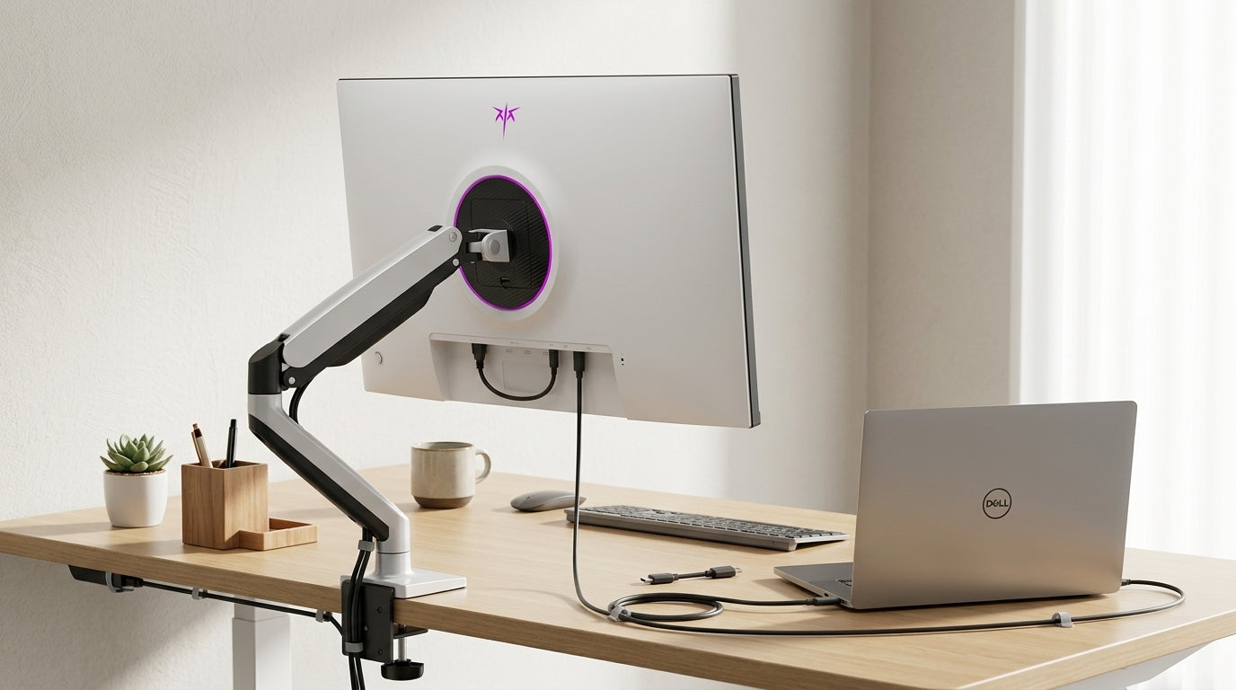 Laptop connected to a USB-C KVM monitor on a clean desk