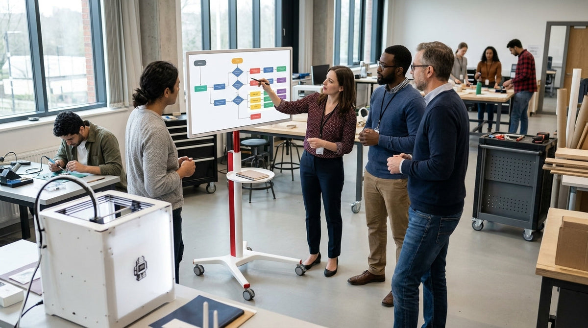 Personale che usa un display intelligente su carrello mobile in una biblioteca condivisa per consultare contenuti e gestire attività di gruppo.