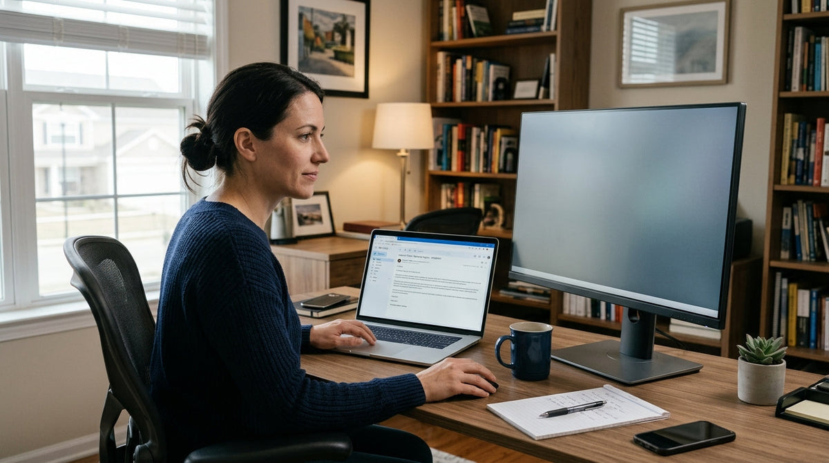 A buyer reviewing a monitor support ticket and warranty timeline on a laptop beside a KTC display