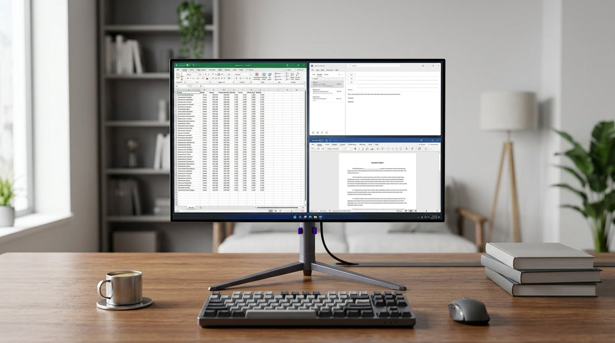 OLED desktop monitor on a clean office desk with spreadsheet, email, and document windows open