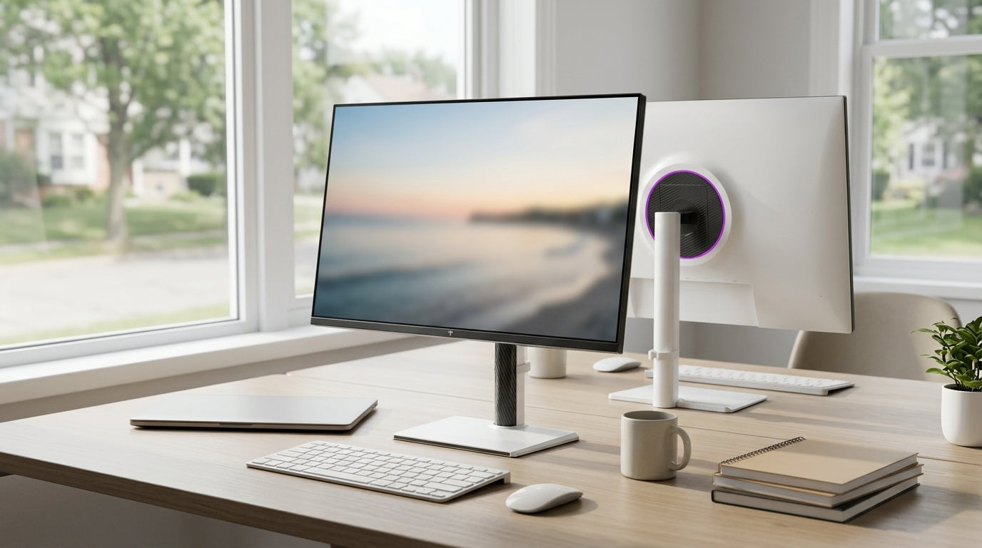 Bright-room desk setup with a monitor positioned to reduce glare