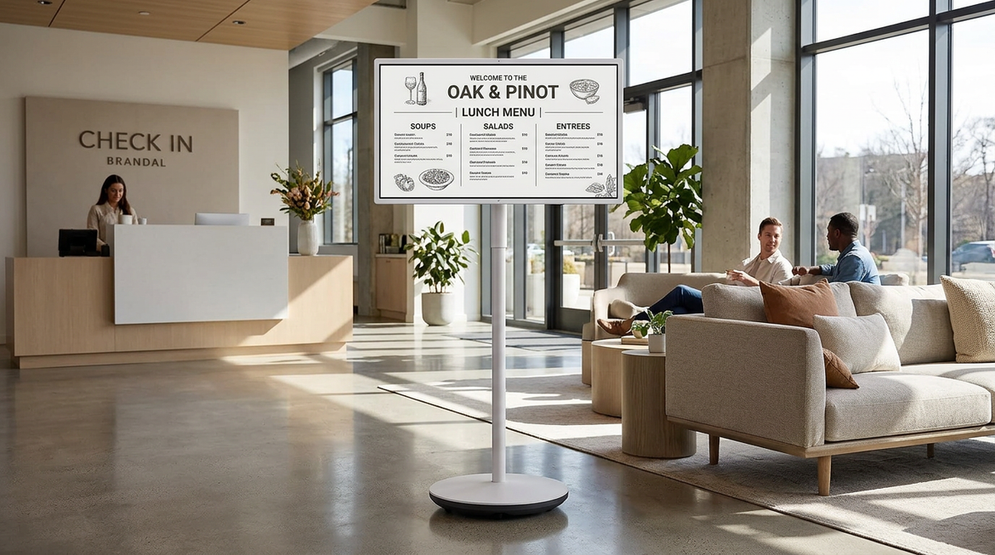 Rolling smart display in a hotel lobby with a staff member updating guest information