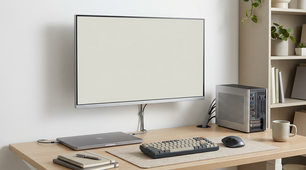 Hybrid desk with a USB-C KVM monitor, laptop, desktop, keyboard, and mouse