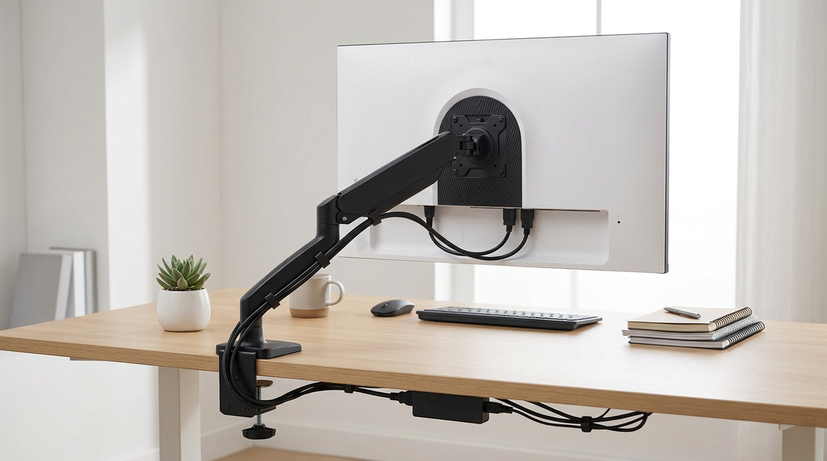 Value monitor mounted on a desk arm with tidy cable routing