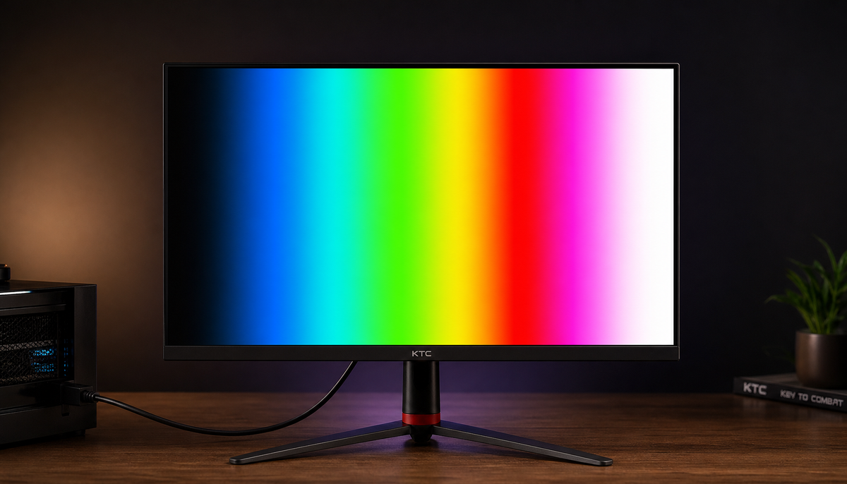A 4K gaming monitor displaying RGB full-range color calibration gradient via DisplayPort connection on a studio desk