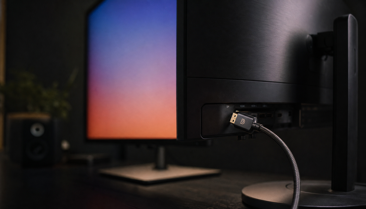 A braided DisplayPort cable being connected to the back of a 4K monitor on a modern desk setup