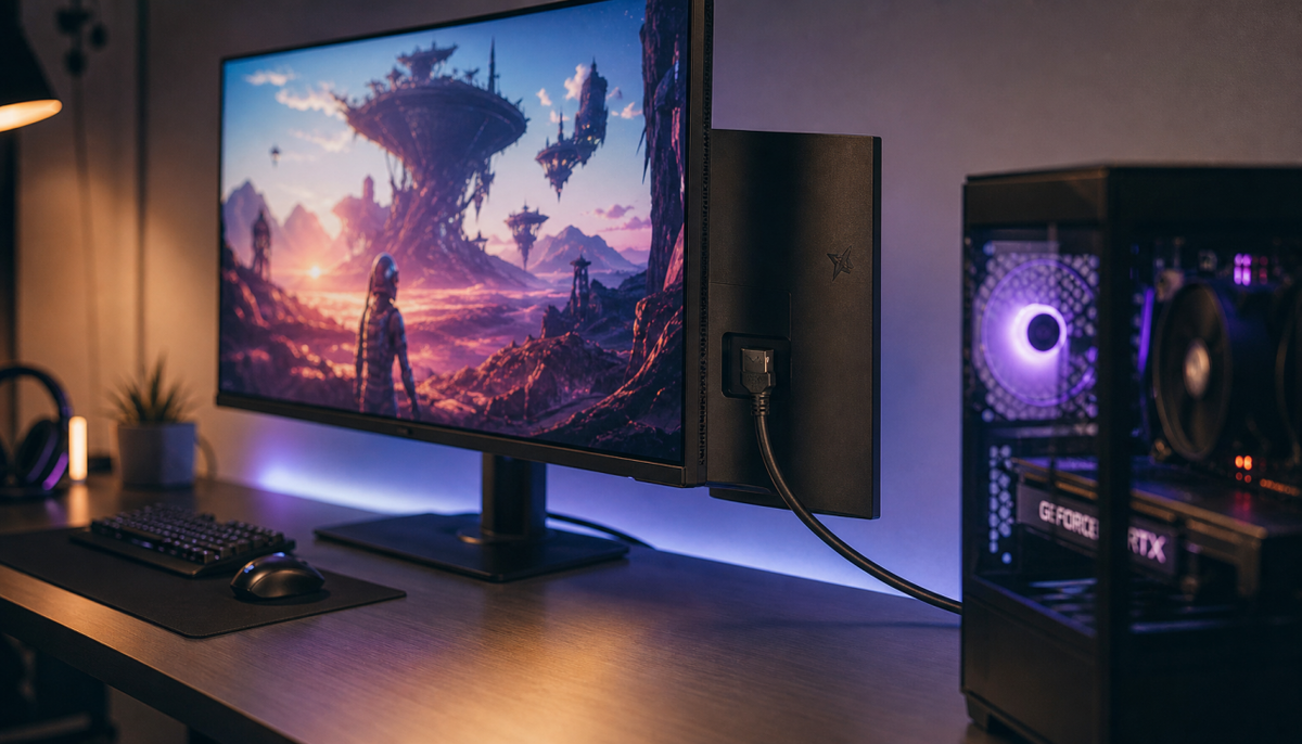 A clean direct HDMI 2.1 cable connection from gaming PC to 4K gaming monitor on a gaming desk