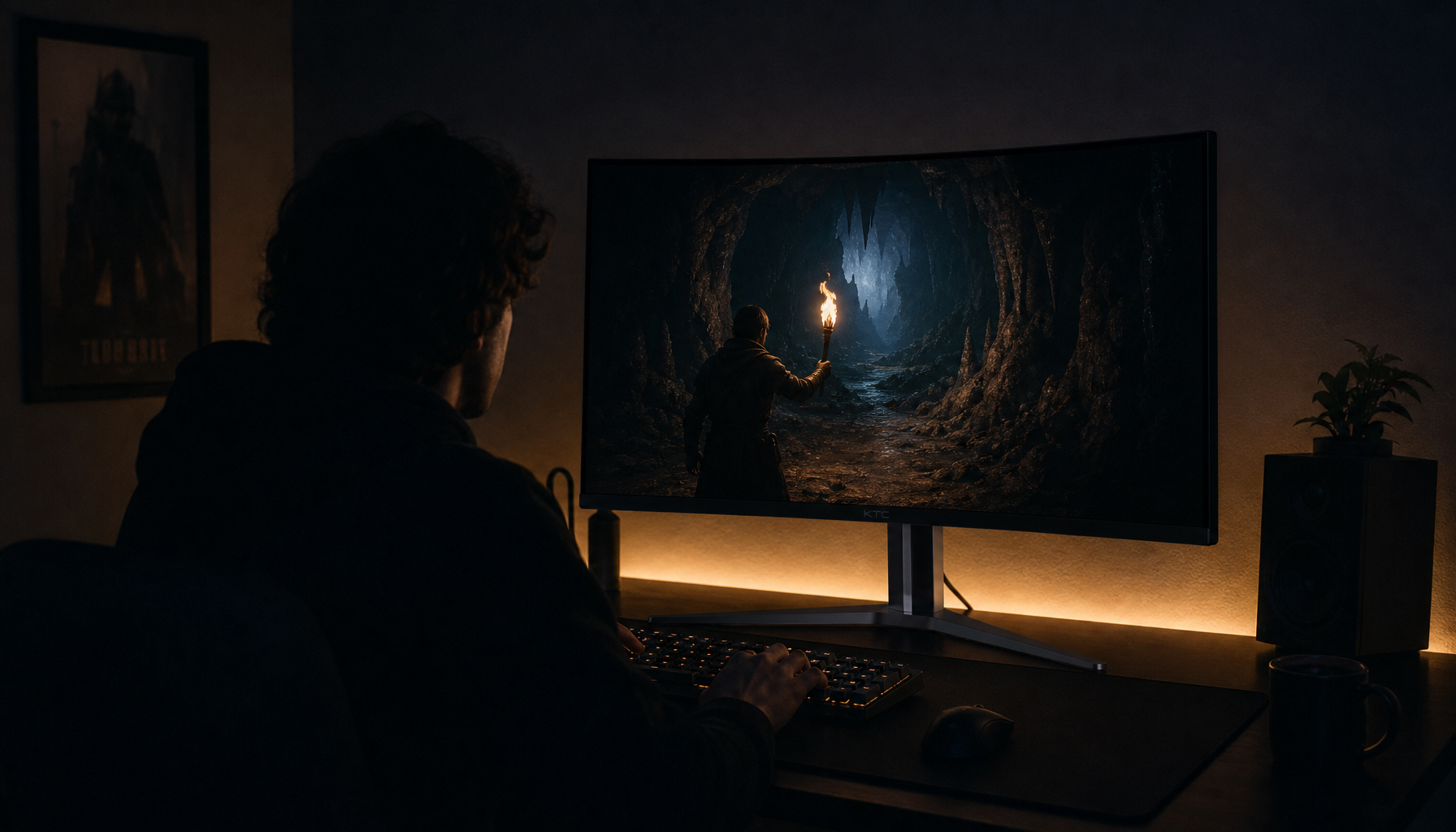 A gamer immersed in a dark cinematic single-player game on a high-contrast monitor, deep shadows filling the room around the screen