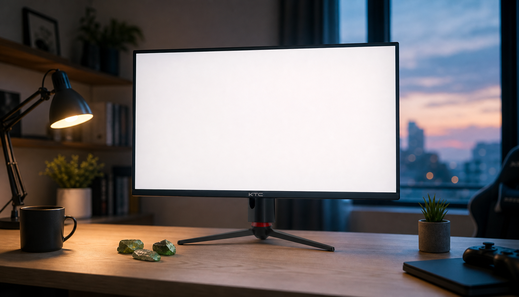A gaming and office monitor glowing with even neutral-white backlight on a clean desk, with small mineral fragments suggesting rare earth materials nearby
