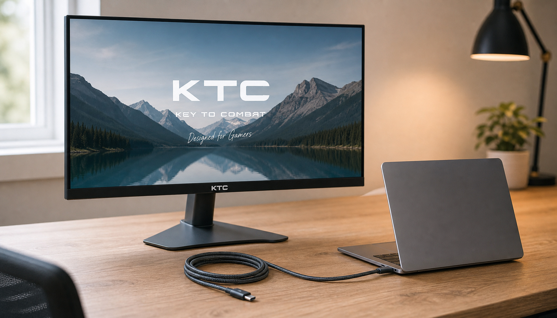 A laptop connected to a USB-C monitor with a single cable on a clean desk, illustrating one-cable Power Delivery charging setup
