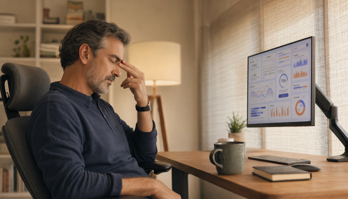 A middle-aged professional experiencing eye fatigue after a long day at a well-lit home office monitor setup