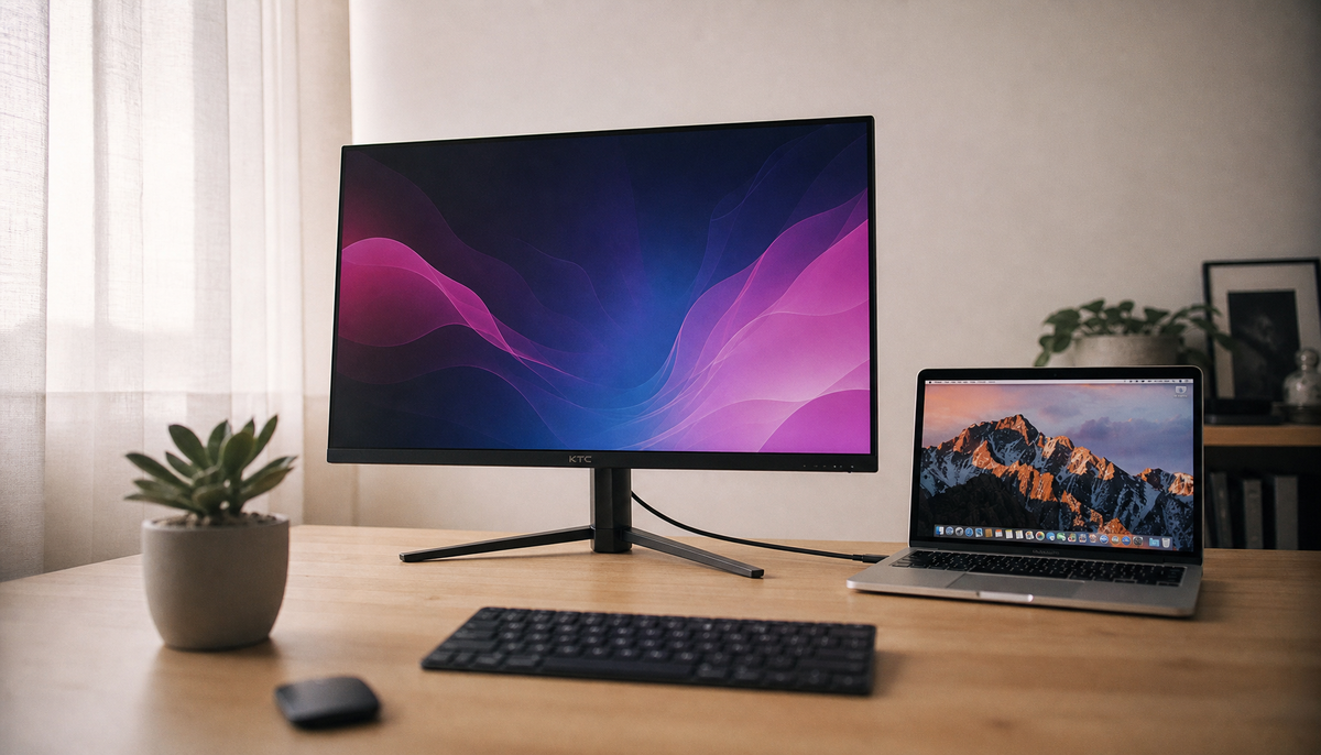 A modern USB-C monitor connected to an older laptop via a DisplayPort cable on a clean home office desk