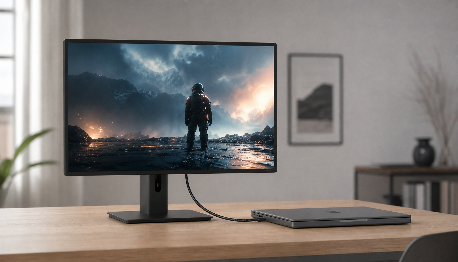 A monitor displaying HDR content connected to a laptop with a single USB-C cable on a clean desk
