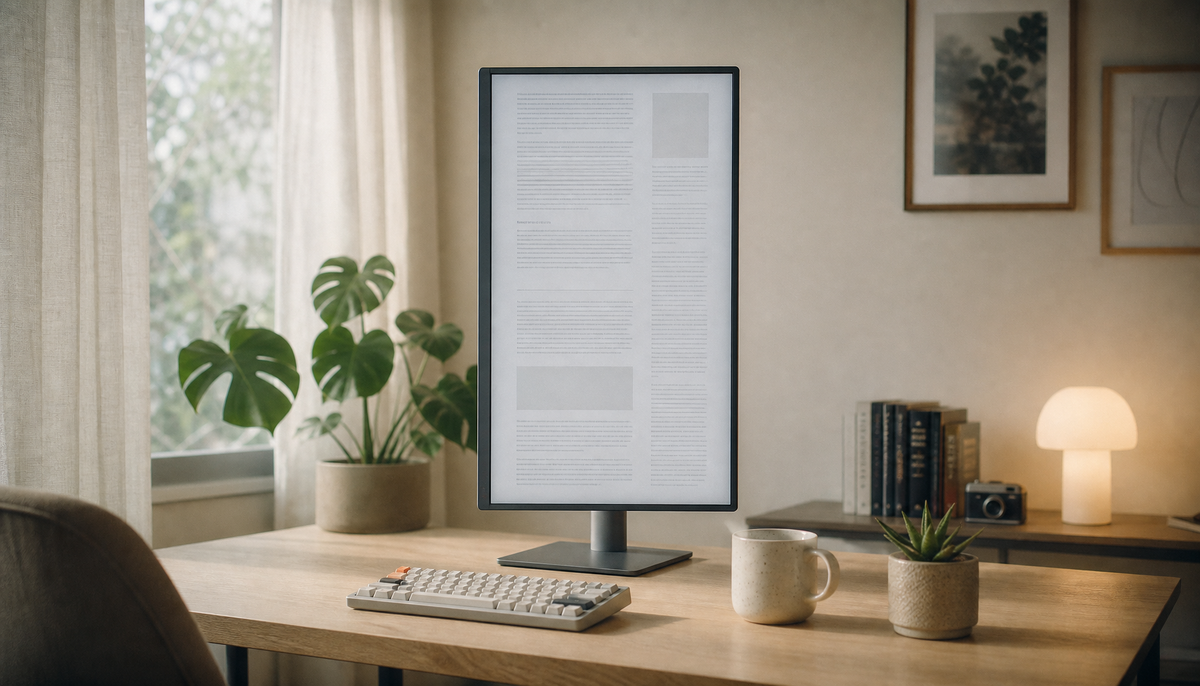 A portrait-mode monitor positioned at comfortable reading height on a minimal home office desk