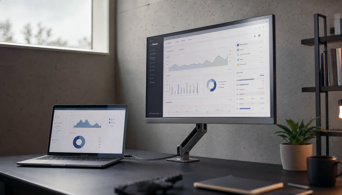 A single USB-C cable connecting a laptop to a 27-inch 4K monitor on a clean home office desk