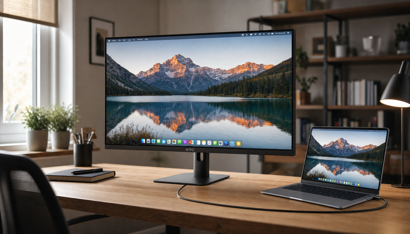 A single USB-C cable connecting a laptop to a 4K monitor on a clean home office desk