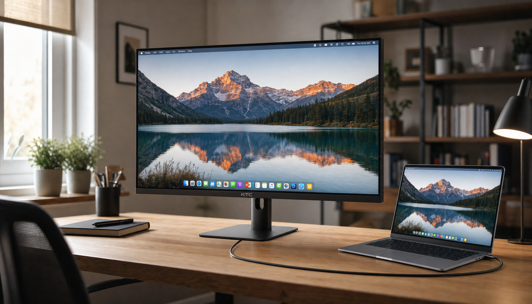 A single USB-C cable connecting a laptop to a 4K monitor on a clean home office desk