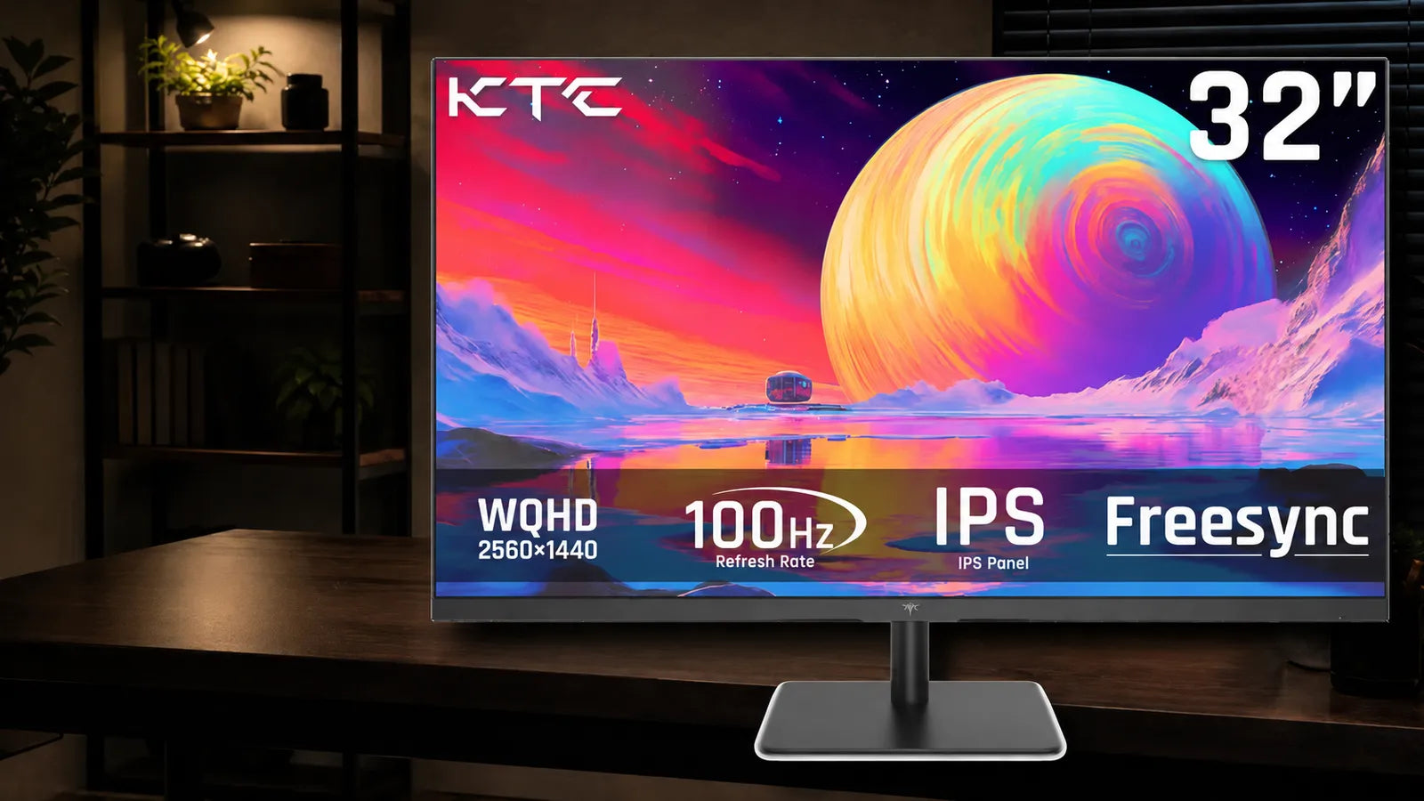 KTC H27P27 27-inch 4K IPS monitor for evaluating IPS glow in a dim desk scene for evaluating IPS glow