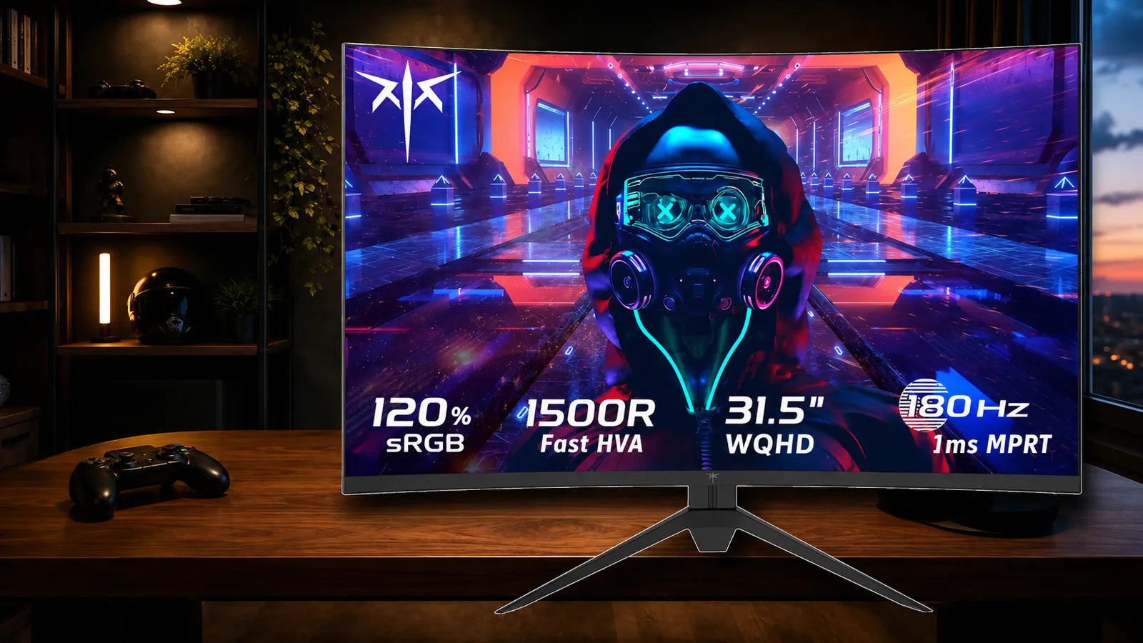 KTC H32S17 curved gaming monitor shown as the main product on a clean background in a cinematic single-player gaming desk scene