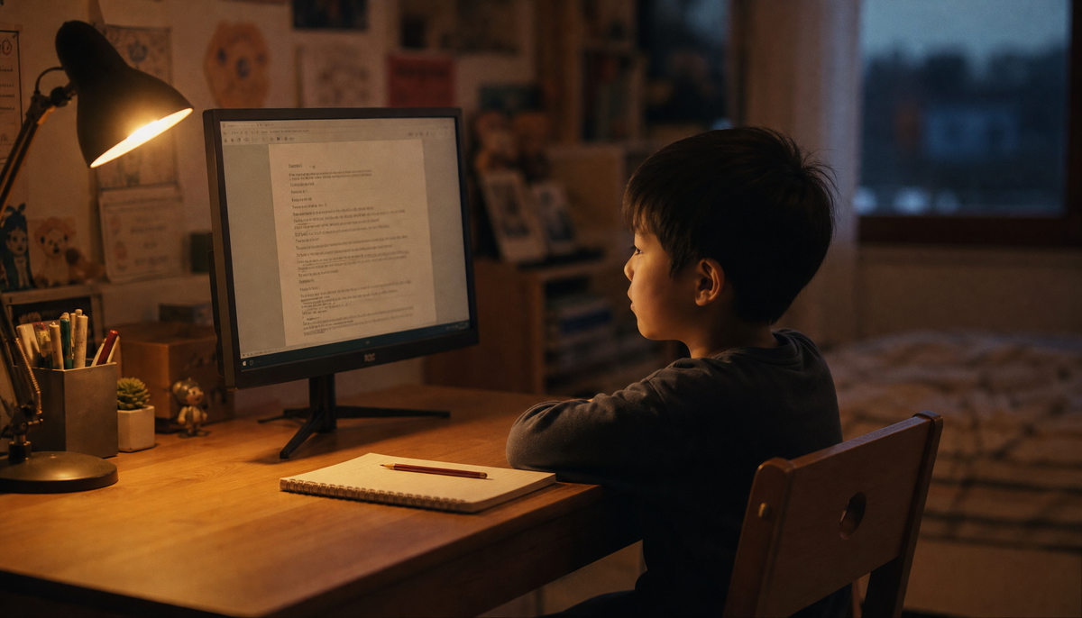 Child doing homework on a low-brightness monitor in a warmly lit room at dusk