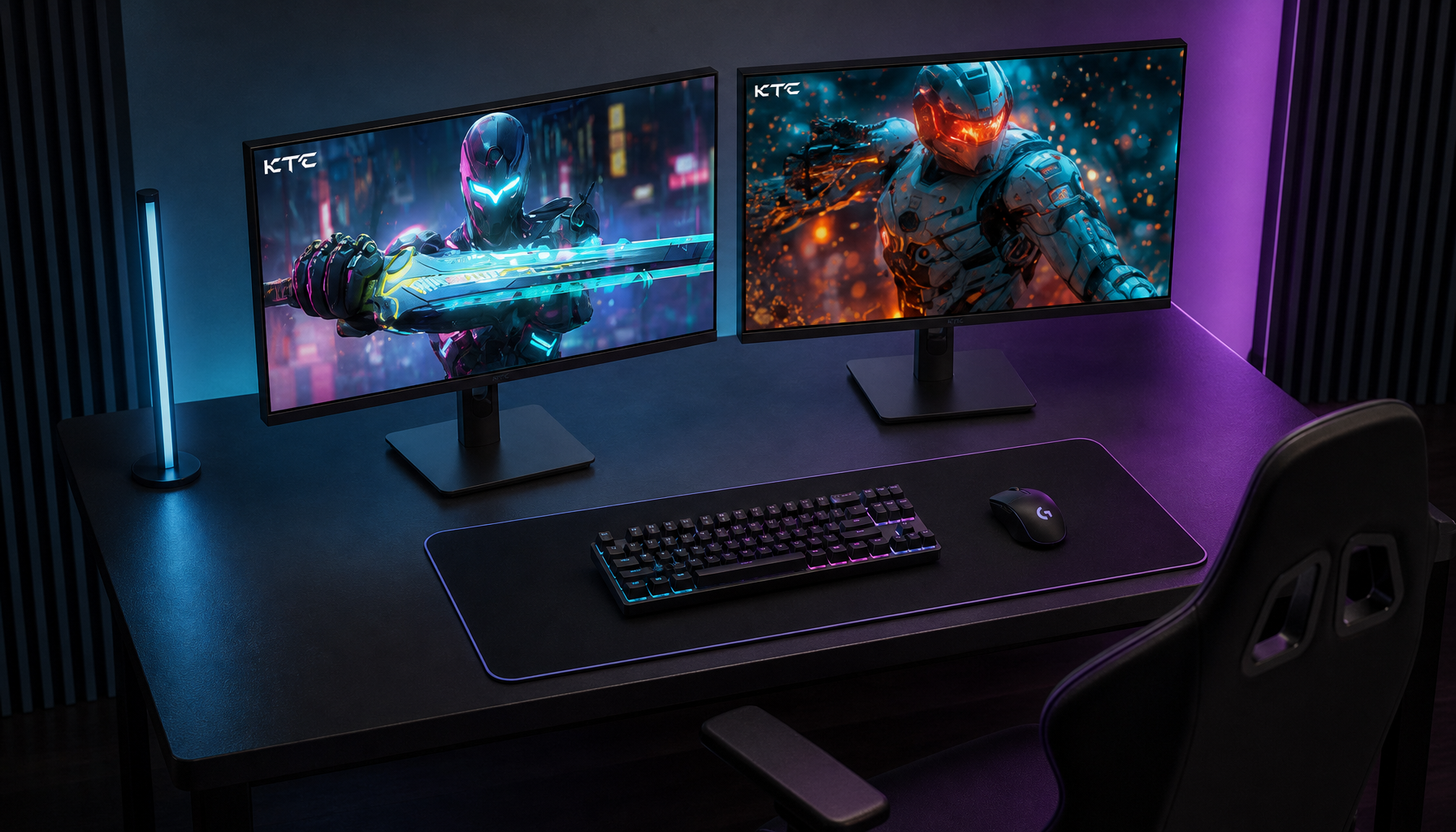 Clean gaming battlestation with dual monitors and no visible cables on the desk surface