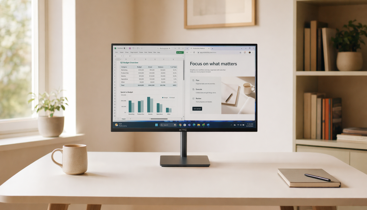 Clean home office desk with a 27-inch monitor at the right viewing distance and height for reducing digital eye strain