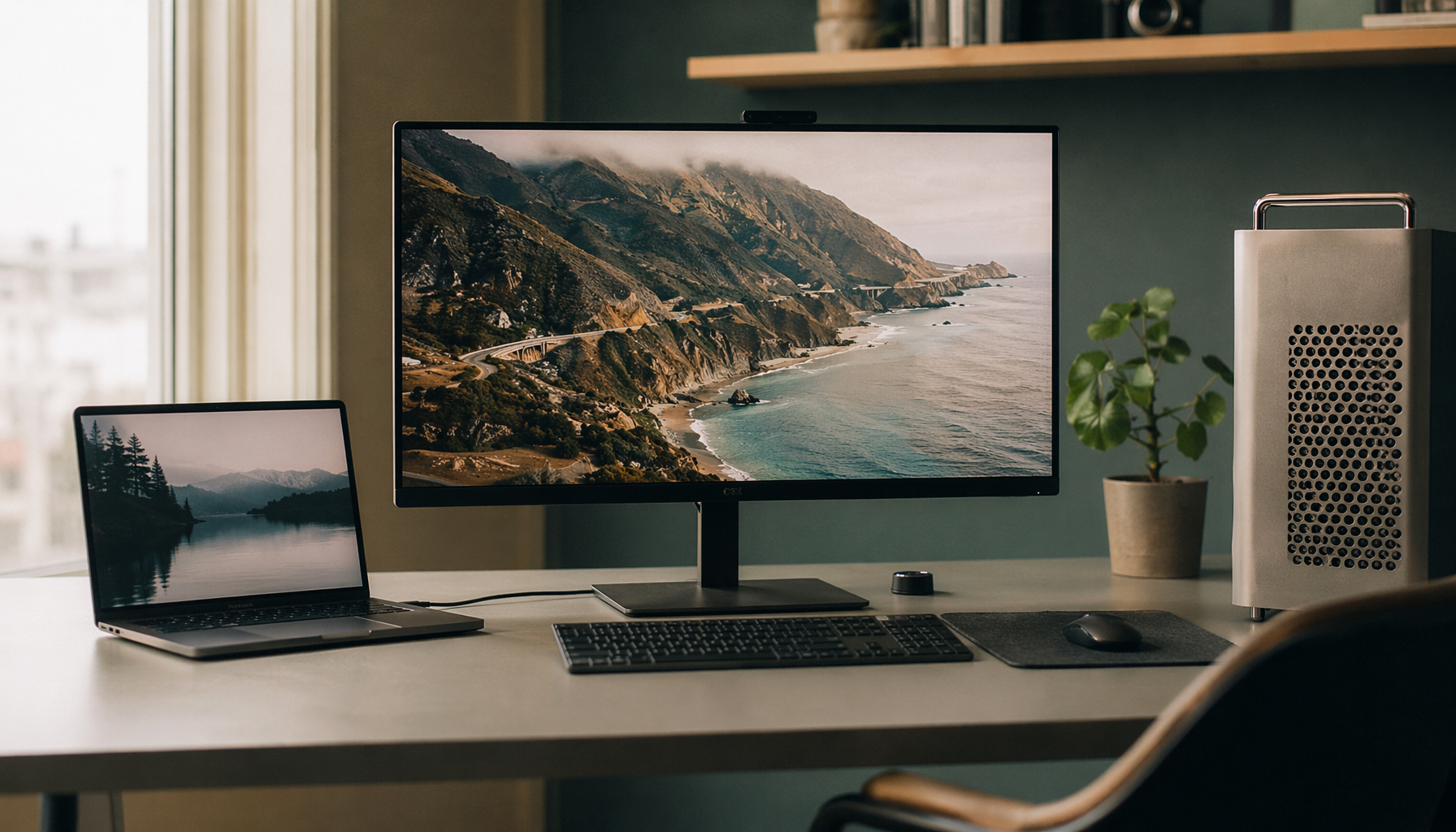Clean home office desk with a monitor as the central hub, shared between a laptop and desktop PC — no external KVM box in sight